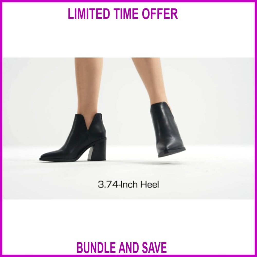 Faux Leather Chunky Heel Ankle Boots Pointed Toe Booties - Picture 7 of 7
